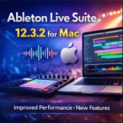Ableton Live Suite 12.3.2 for Mac displayed on a MacBook with colorful audio tracks, a MIDI controller, and studio speakers, highlighting improved performance and new features for music production
