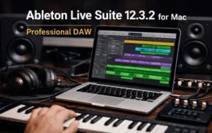 Ableton Live Suite 12.3.2 running on a MacBook with MIDI keyboard, headphones, and audio interface, showcasing professional music production on macOS
