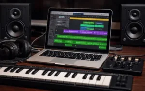 Logic Pro for Mac running on a MacBook with MIDI keyboard, headphones, and audio interface in a home studio setup.