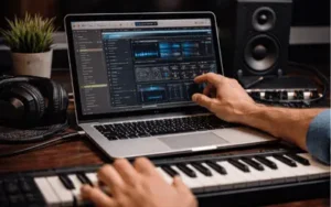 Logic Pro for Mac sound library displayed on a MacBook screen showing virtual instruments and loops for music production