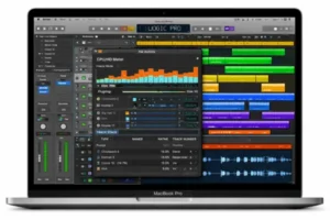 Logic Pro performance window on Mac displaying CPU usage and track stacks, showing optimized workflow for music production