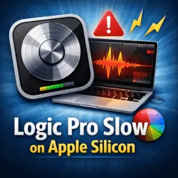 Logic Pro slow on Apple Silicon Mac – MacBook with Logic Pro interface, warning icon, and performance issues