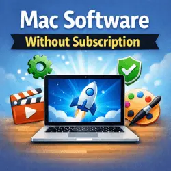 MacBook screen displaying free Mac software icons for productivity, design, and video, representing Mac software without subscription