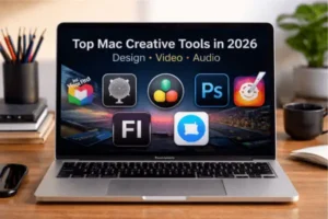 MacBook showing top Mac creative apps in 2026, including Final Cut Pro, Logic Pro, Pixelmator Pro, and other design, video, and audio tools