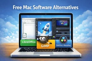 MacBook workspace showing free Mac software icons for productivity, design, and video, illustrating Mac software without subscription
