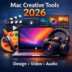 Top Mac creative tools in 2026 for design, video editing, and audio production displayed on a MacBook screen